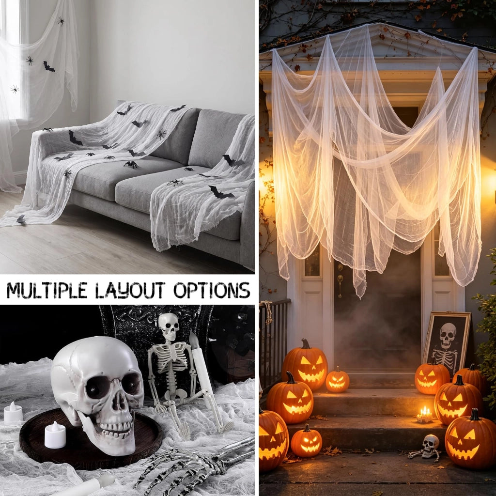 Tessuto decorativo per Halloween, 215 x 500 cm, tessuto bianco, riutilizzabile
