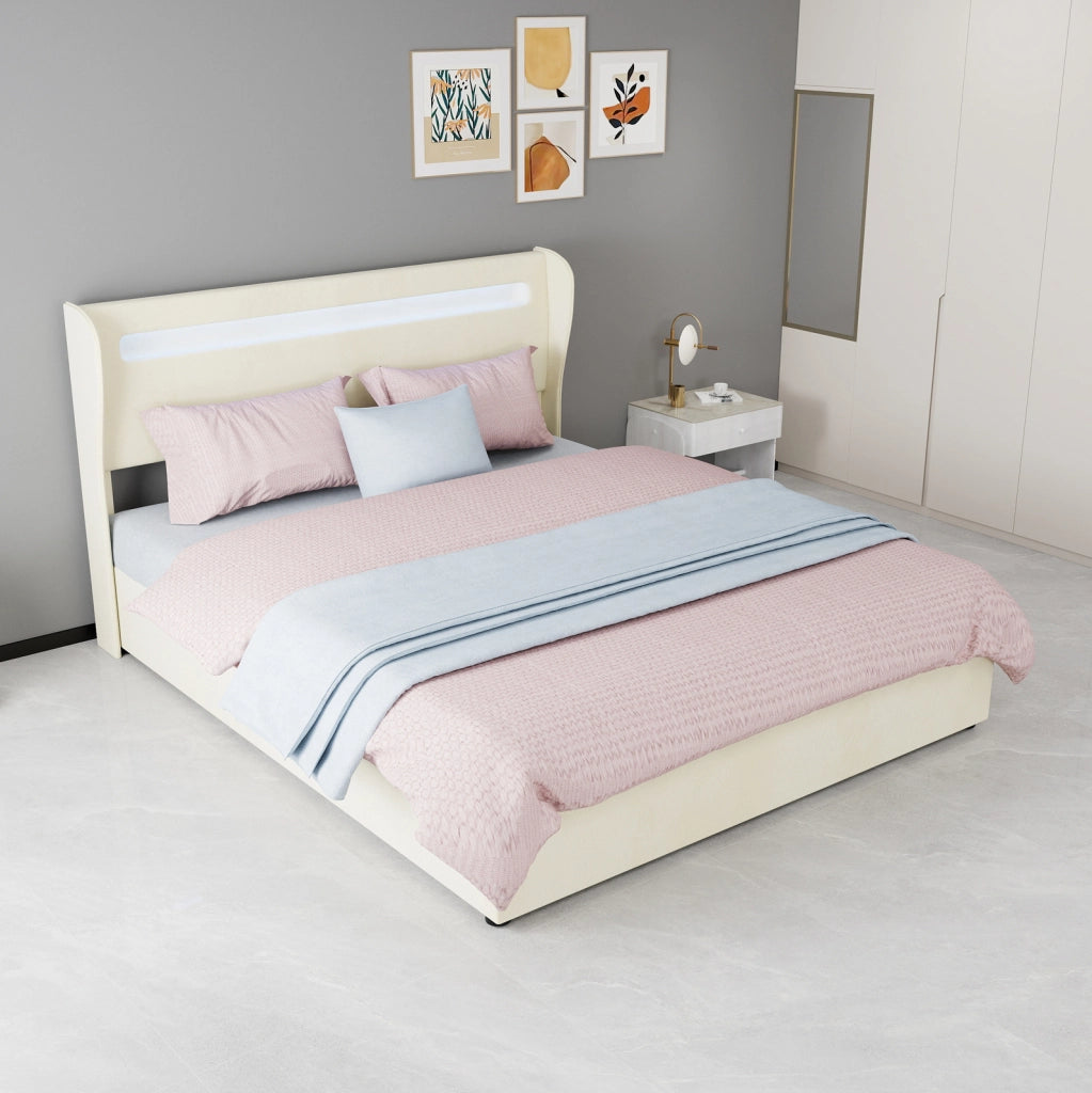 Letto imbottito moderno 160x200 cm con testiera LED integrata beige e base contenitore con meccanismo a gas