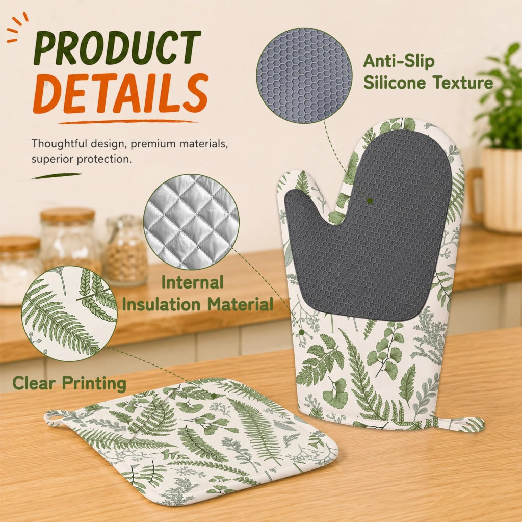 Set di 4 guanti da forno in silicone, resistenti al calore, con motivo vintage a foglie