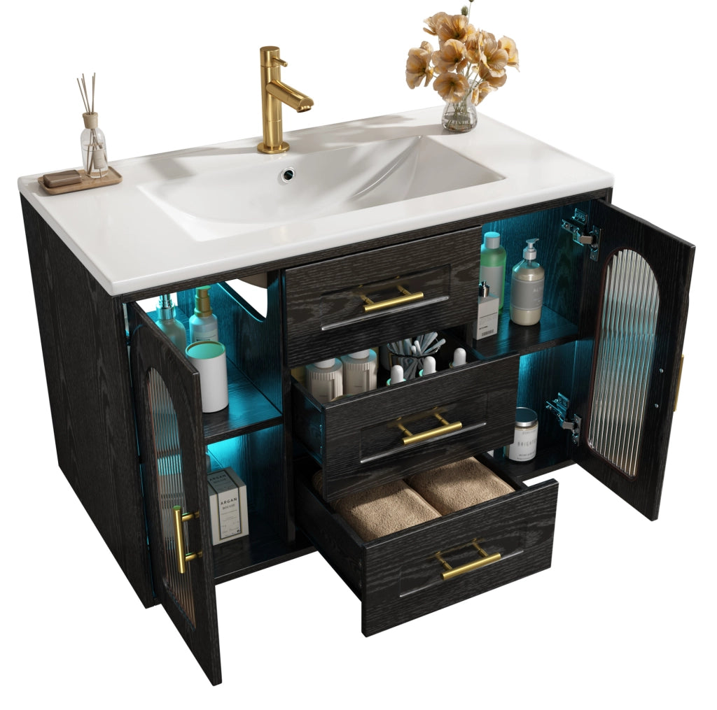 Mobile lavabo sospeso 76x46x55 cm in MDF nero con lavabo in ceramica e LED
