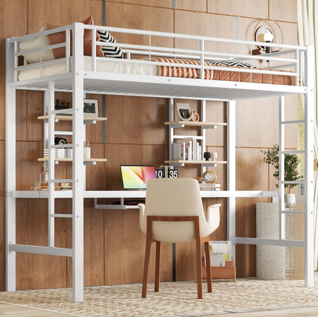 Letto a soppalco in metallo bianco 90x200 cm con scrivania e scaffali integrati