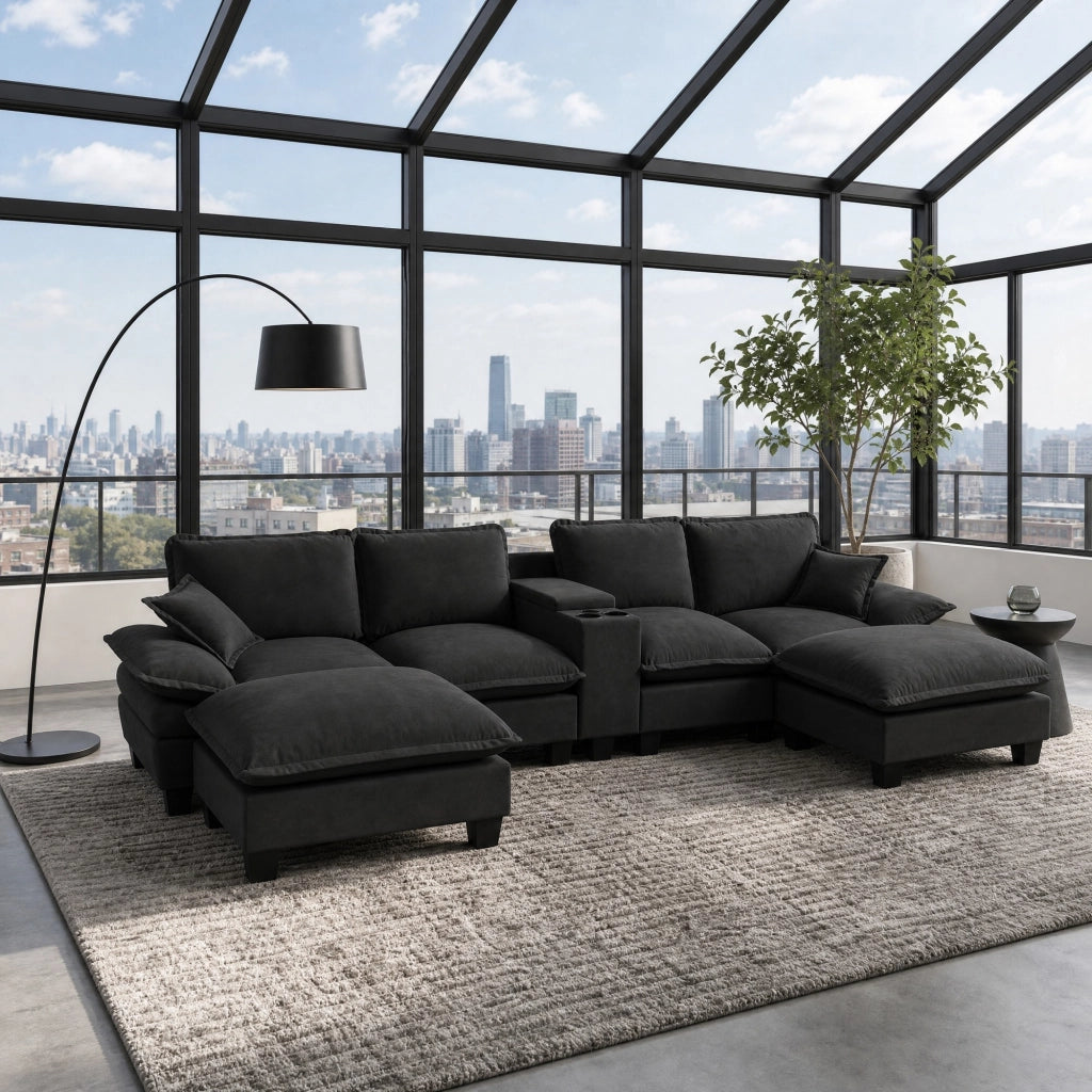 Divano modulare 362x155x90 cm con contenitori e porte USB in ciniglia nero