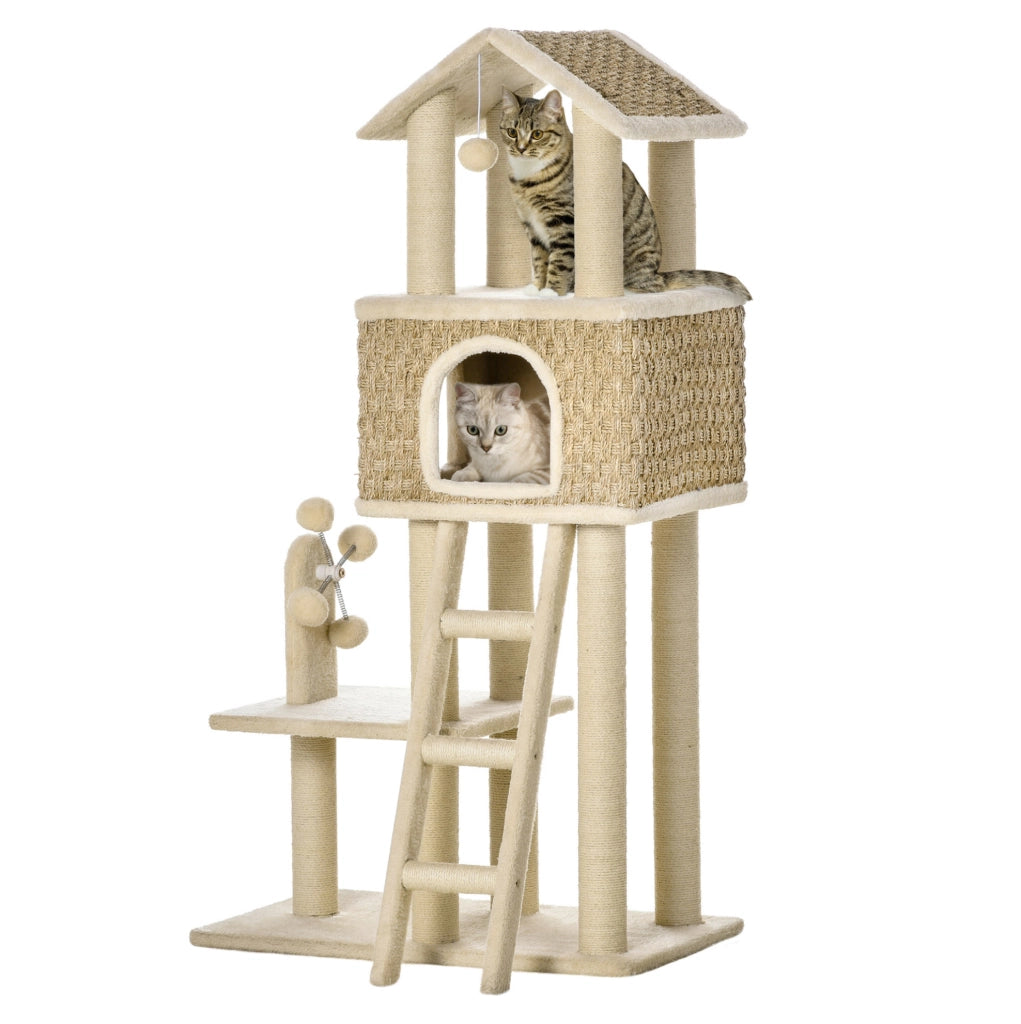 Tiragraffi per gatti con cuccia e rivestimento in peluche, 131 cm