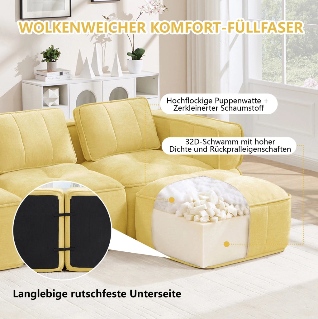 Divano modulare giallo in poliestere con pouf, 271 x 162 x 67 cm