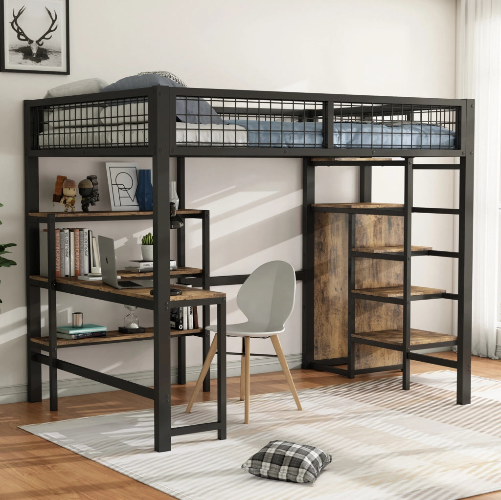 Letto a soppalco 140x200 cm in ferro con scrivania, scaffali e armadio integrato, nero