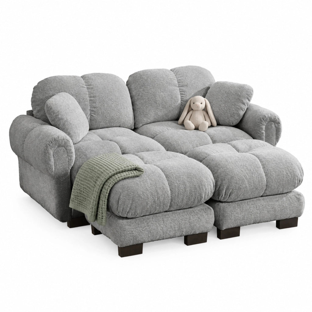 Divano modulare in ciniglia grigio chiaro con pouf mobili