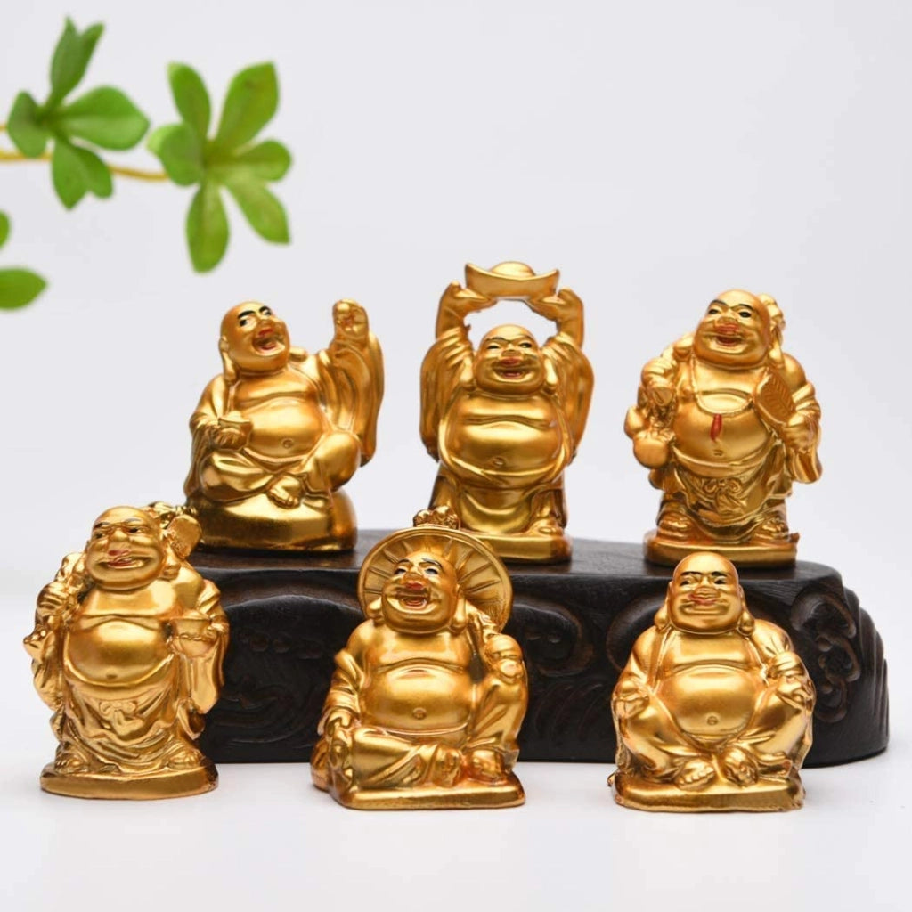 Set di 6 piccole statuette dorate di Buddha sorridente, realizzate in resina