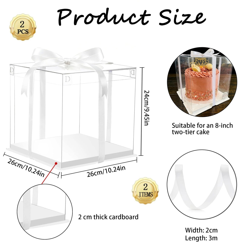 Scatole per dolci, set da 2, 26x26x24 cm, trasparenti, con nastri