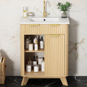 Mobile bagno 61 cm con lavabo in ceramica, 3 cassetti e anta scorrevole in MDF finitura legno naturale con motivo a onde