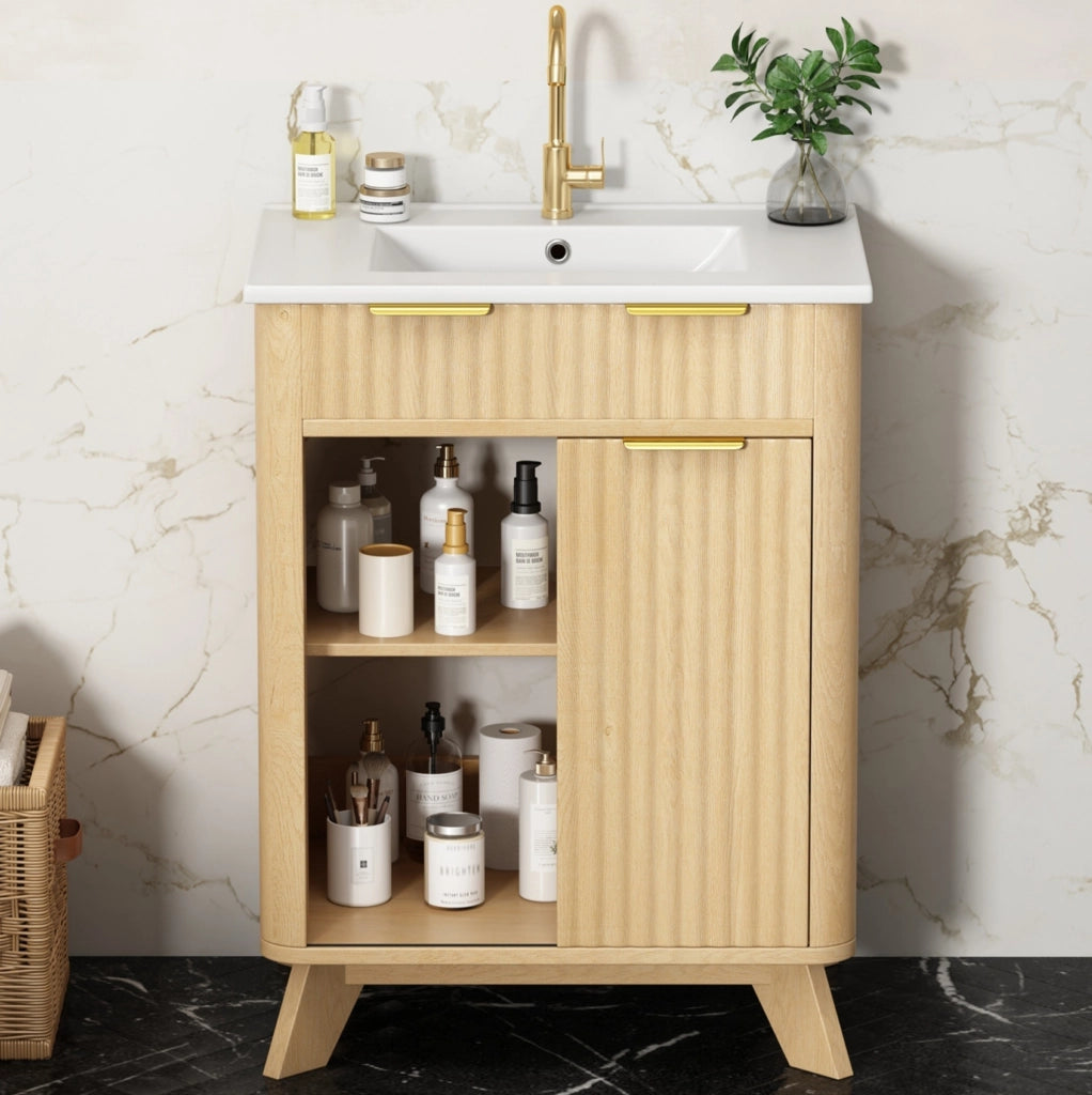 Mobile bagno 61 cm con lavabo in ceramica, 3 cassetti e anta scorrevole in MDF finitura legno naturale con motivo a onde