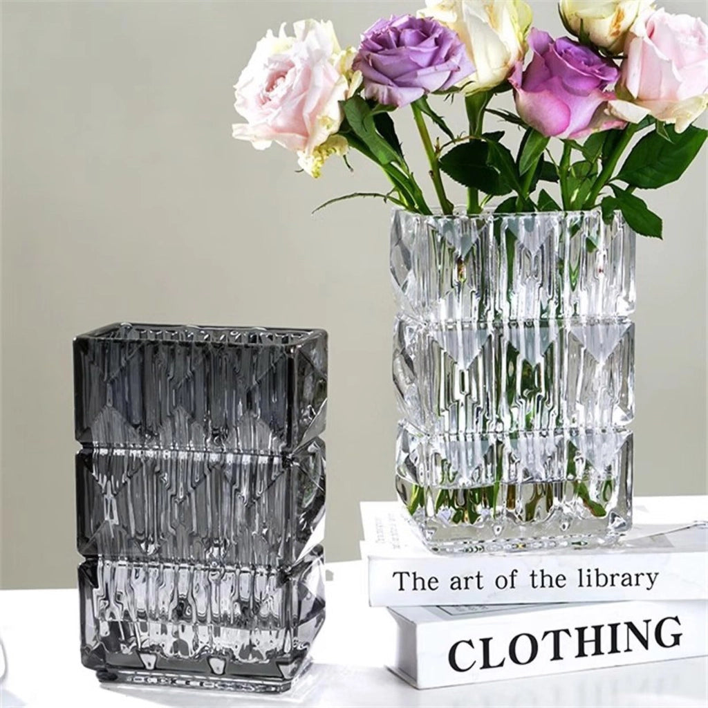 Vaso in vetro cristallo, 20 cm, quadrato, grigio, design moderno