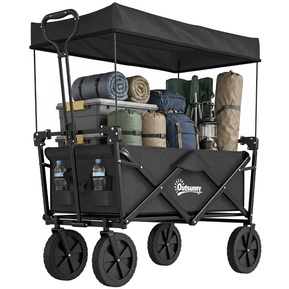 Carrello da trasporto pieghevole con tettuccio, telaio in acciaio nero, capacità 110L, 97x52x105 cm, robusto e salvaspazio