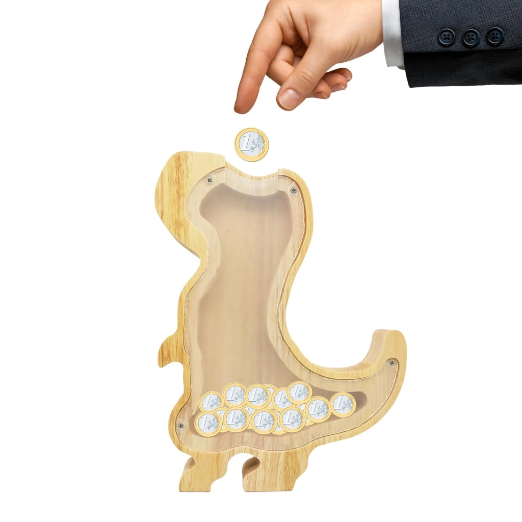 Salvadanaio in legno, design a forma di dinosauro, dimensioni 20x15x2,8 cm