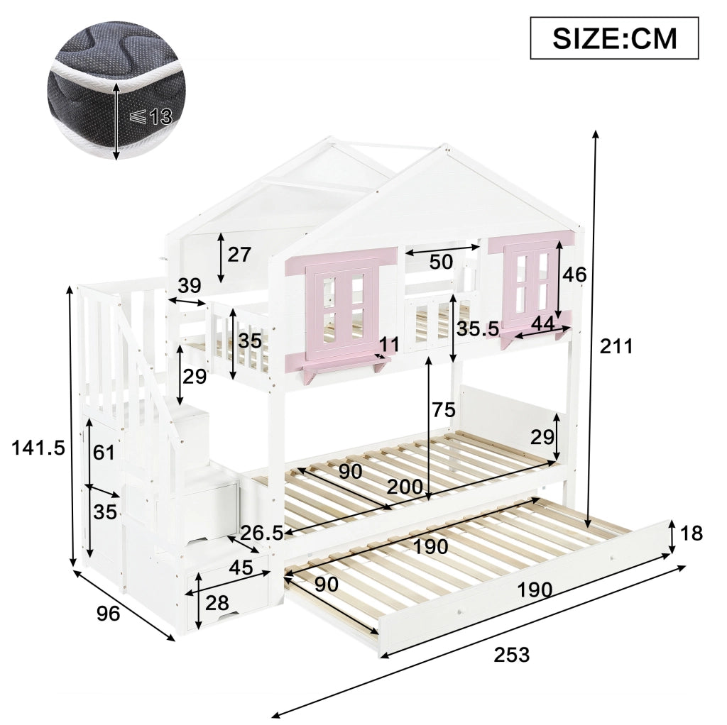 Letto a castello per bambini 90x200 cm con letto estraibile; pino e MDF; bianco e rosa