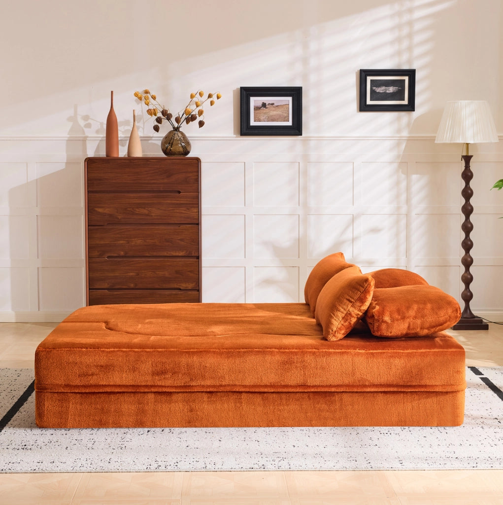 Divano letto da pavimento pieghevole in peluche arancione con schiuma e 4 cuscini