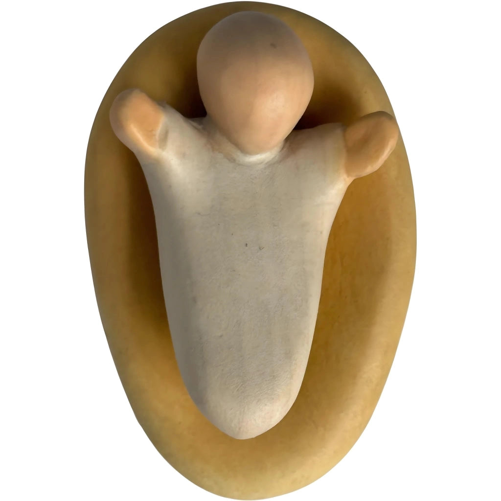 Bambino per presepe con culla in legno, 12 cm, dipinto a mano