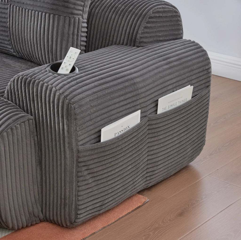 Divano modulare 2 posti IVMEU 200x174x80 cm in velluto a coste grigio scuro, con portabicchieri e tasca laterale