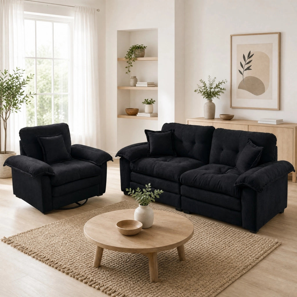 Divano 2 pezzi in ciniglia nera 213,4x90,1x87,6 cm, seduta profonda con cuscini