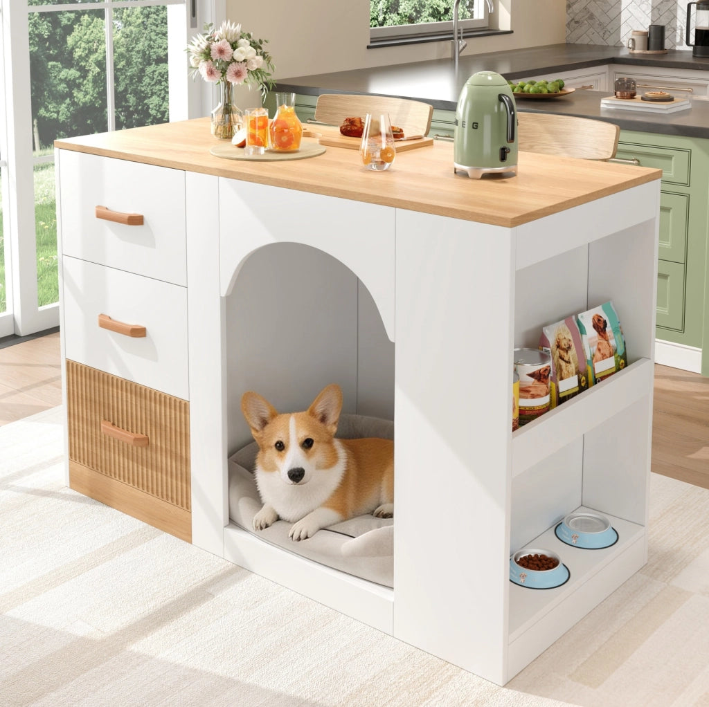 Isola da cucina con 3 cassetti e spazio per animali, bianca, 120 x 60 x 90 cm