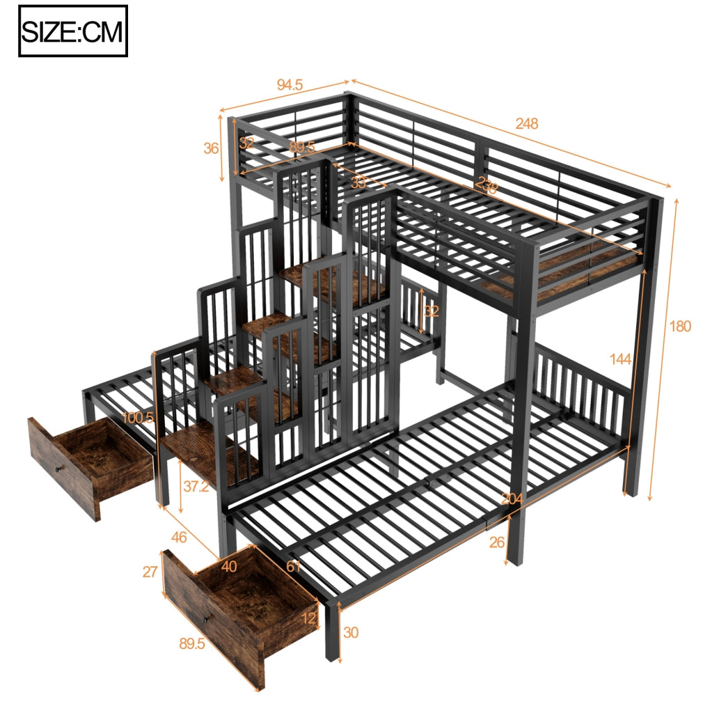 Letto a castello triplo 90 x 200 cm in metallo e legno nero con scala e 2 cassetti
