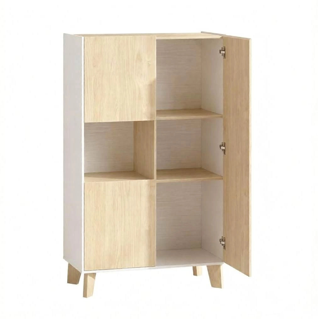 Credenza bianca e rovere chiaro con cinque vani, 80 x 40 x 135 cm