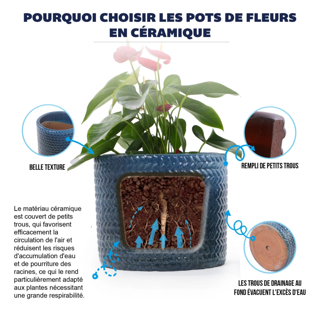 Vaso in ceramica blu scuro Ø 24,5 cm con rilievo a spina di pesce