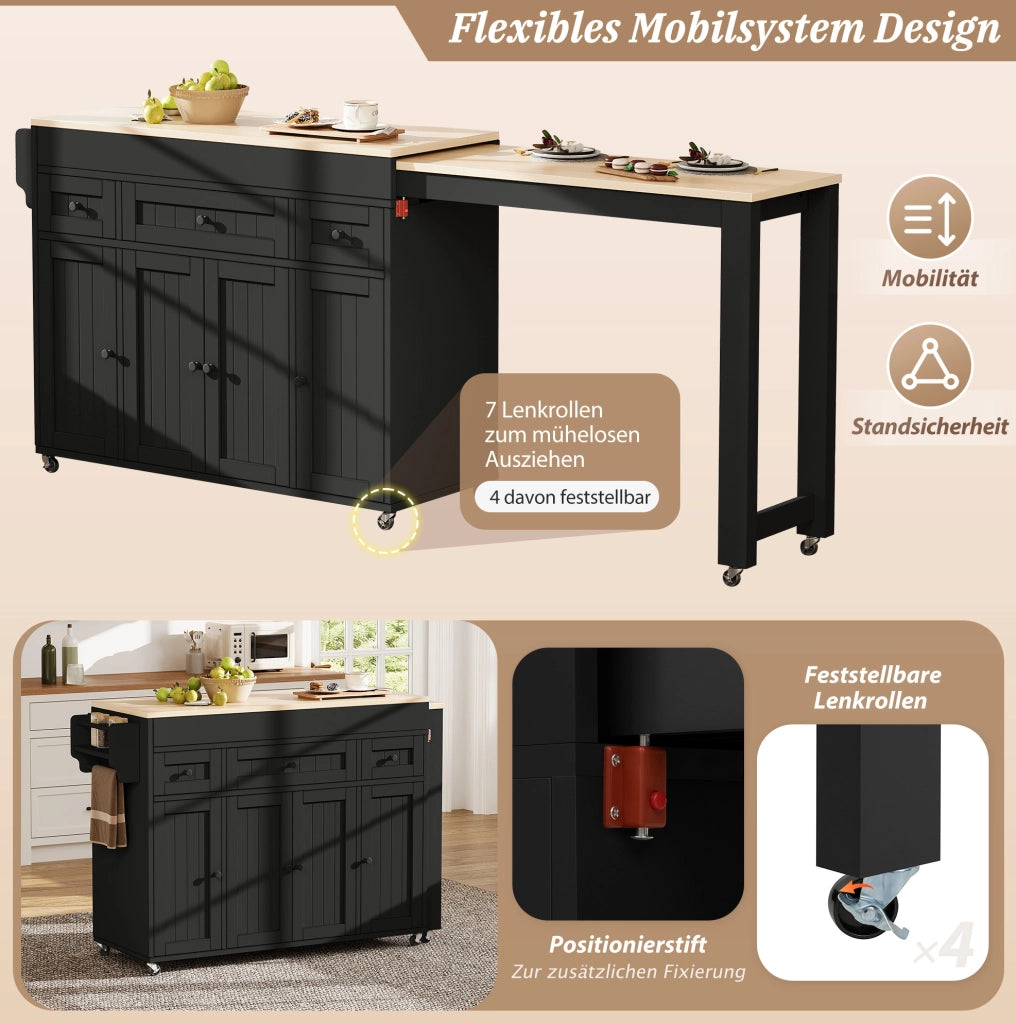 Isola da cucina mobile allungabile con 3 cassetti, nero e naturale