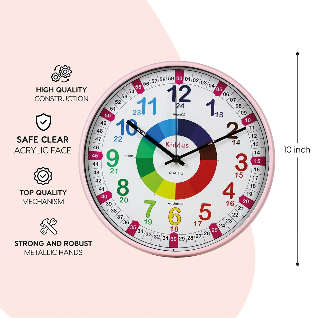 Orologio da parete per bambini, orologio analogico per imparare l'ora, formato XL, rosa, silenzioso