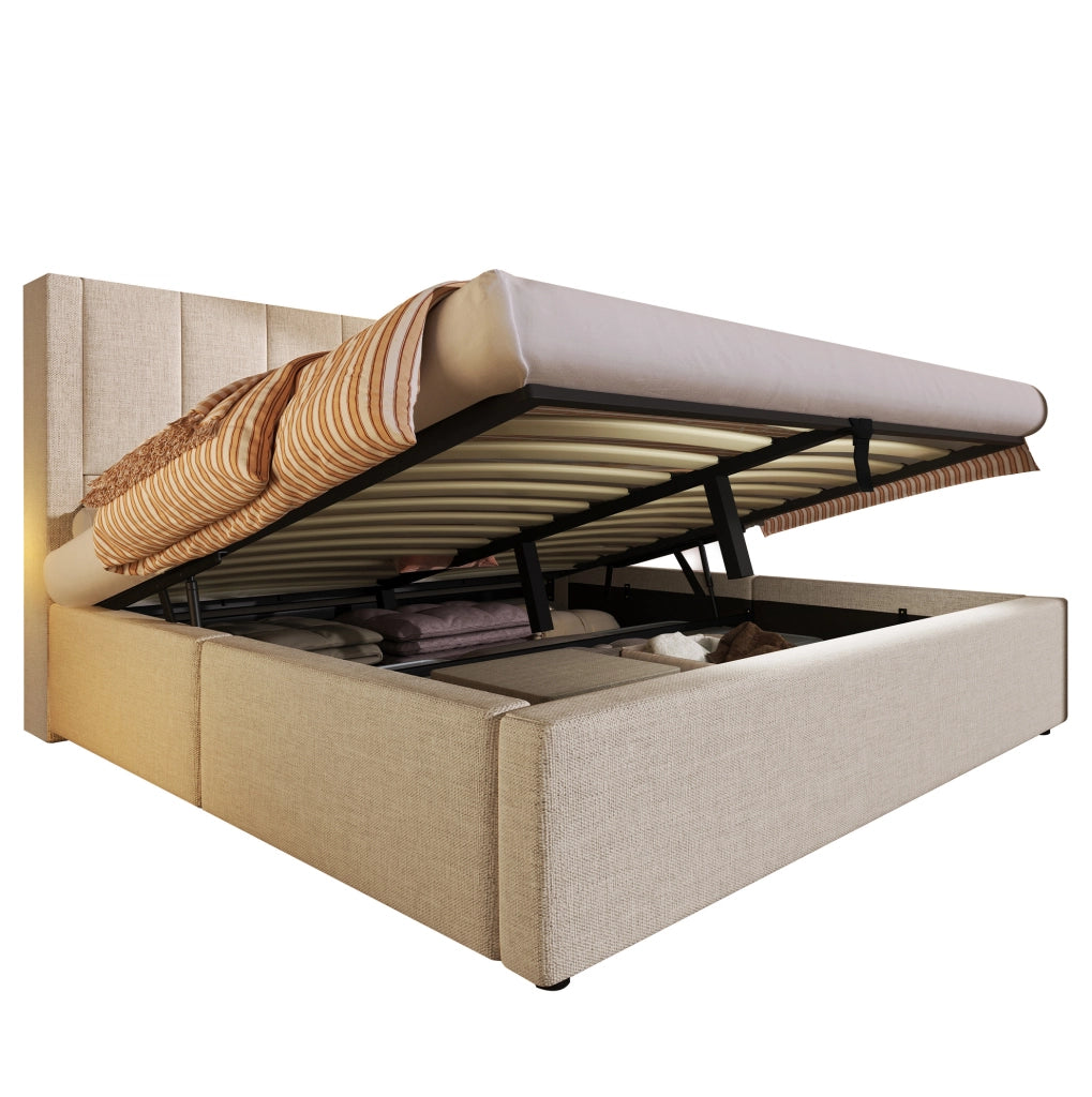 Letto imbottito 140 × 190 cm con contenitore idraulico; USB e Type-C; lino beige