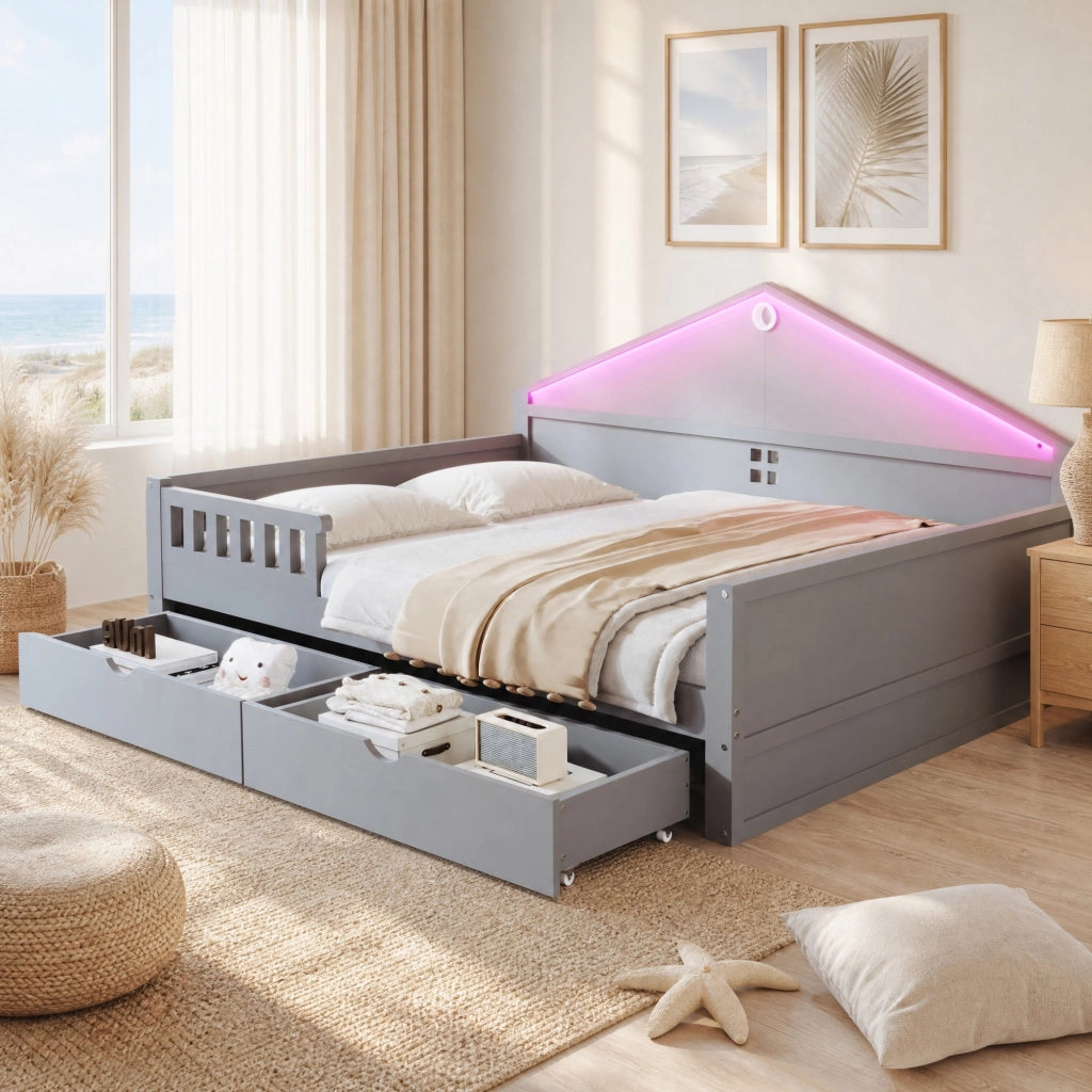 Letto singolo multifunzione 140 × 200 cm con cassetti luce LED legno e MDF grigio portata massima 150 kg