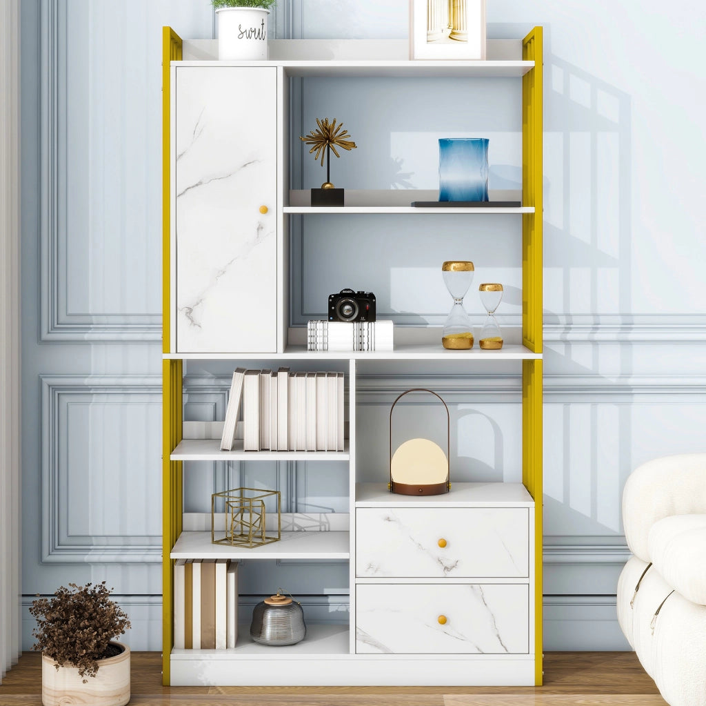 Libreria ULEVR con ripiani aperti, cassetti e vani chiusi, pannello truciolare bianco e oro effetto marmo