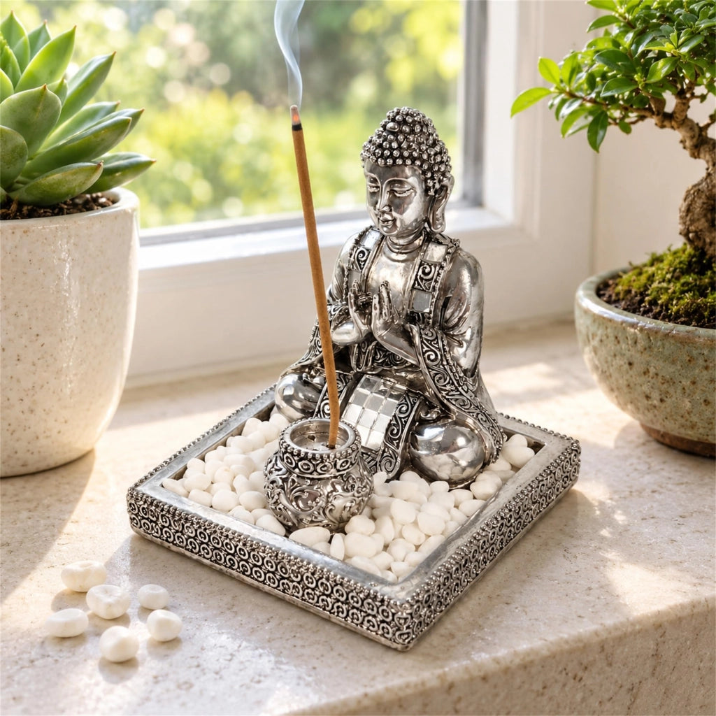 Portacenere a forma di Buddha, con pietre, 9x9x11 cm