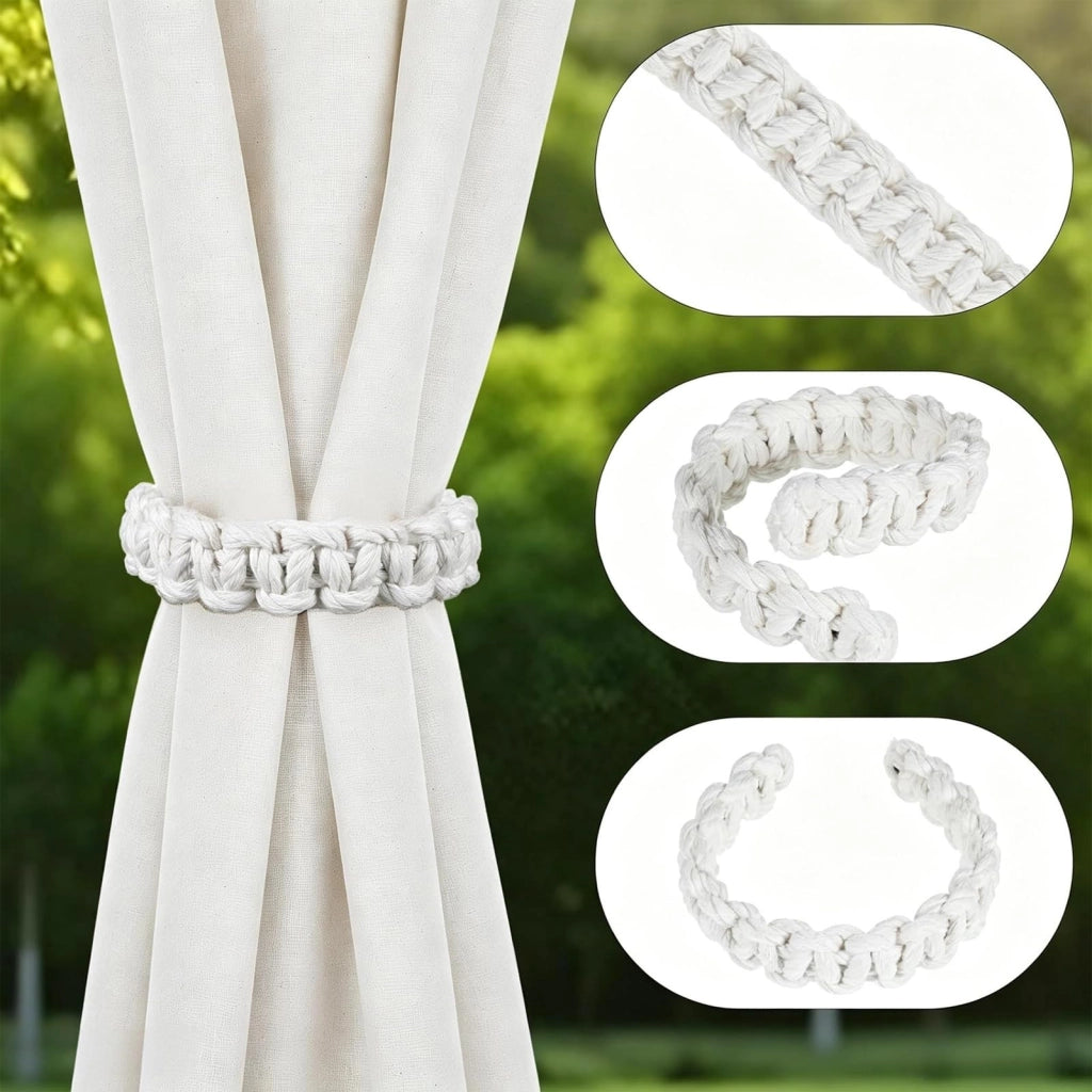 Set di 6 supporti per tende in stile boho, realizzati in cotone e lino, colore bianco