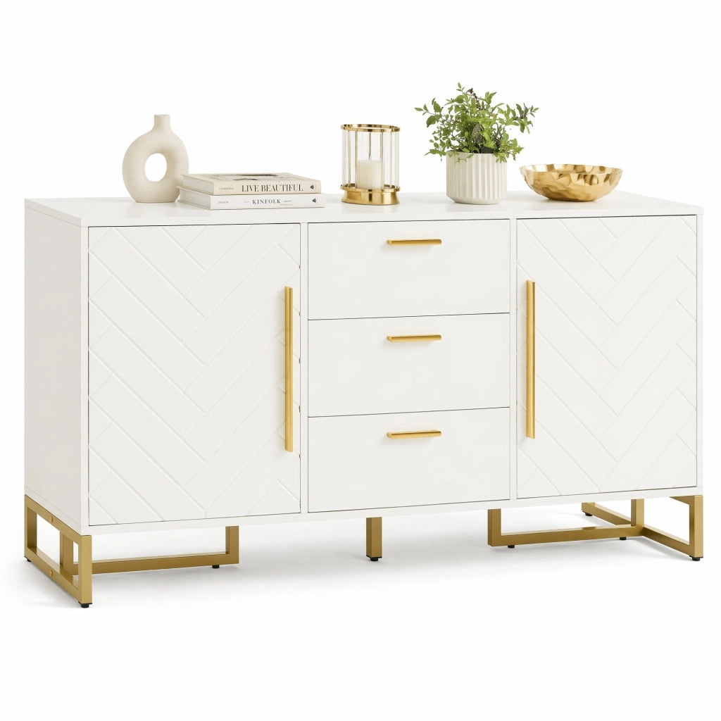 Credenza con 2 ante e 3 cassetti in MDF bianco con ripiani regolabili e motivo a chevron