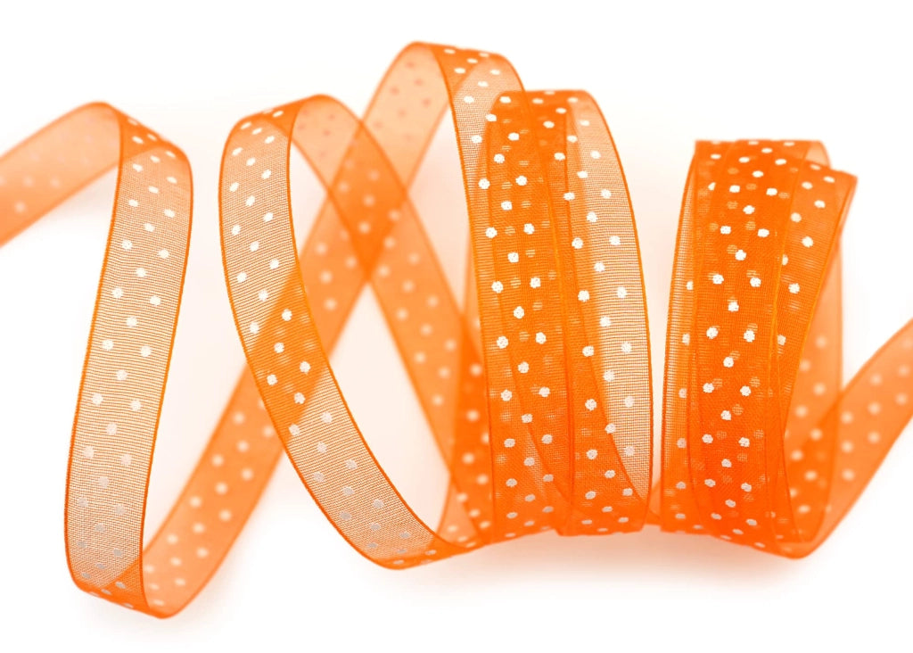 Nastro decorativo in chiffon, color arancione a pois, 20 metri x 10 mm