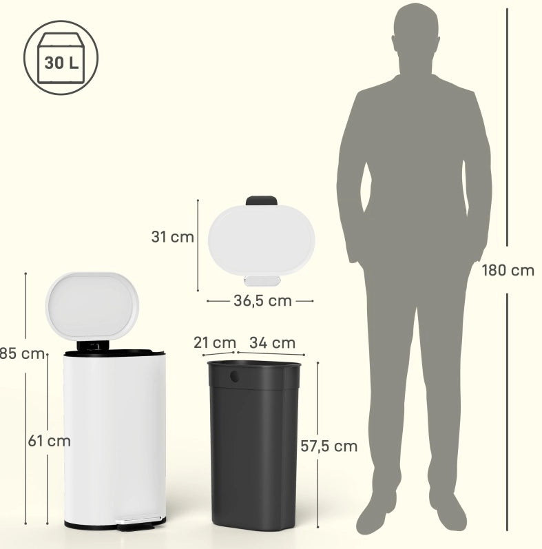 Pattumiera a pedale da 30 l in metallo bianco crema con chiusura ammortizzata