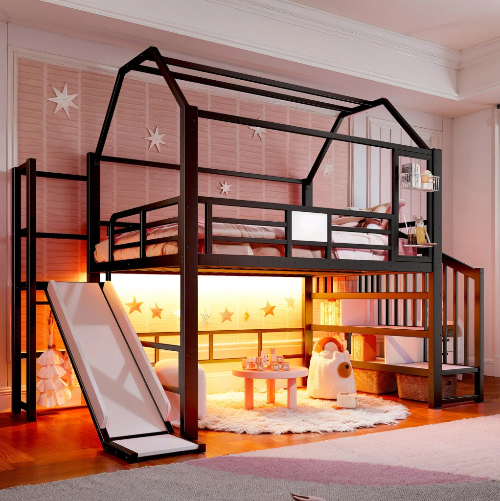 Letto a soppalco per bambini a casetta nero con scivolo e scala