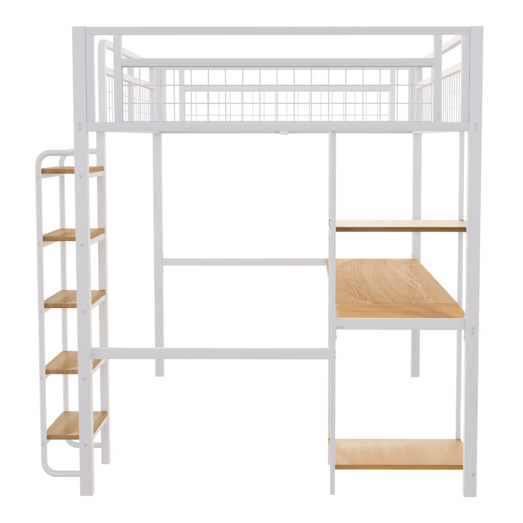 Letto a soppalco 140 × 200 cm con scrivania e ripiani in metallo bianco scala di sicurezza e barriera