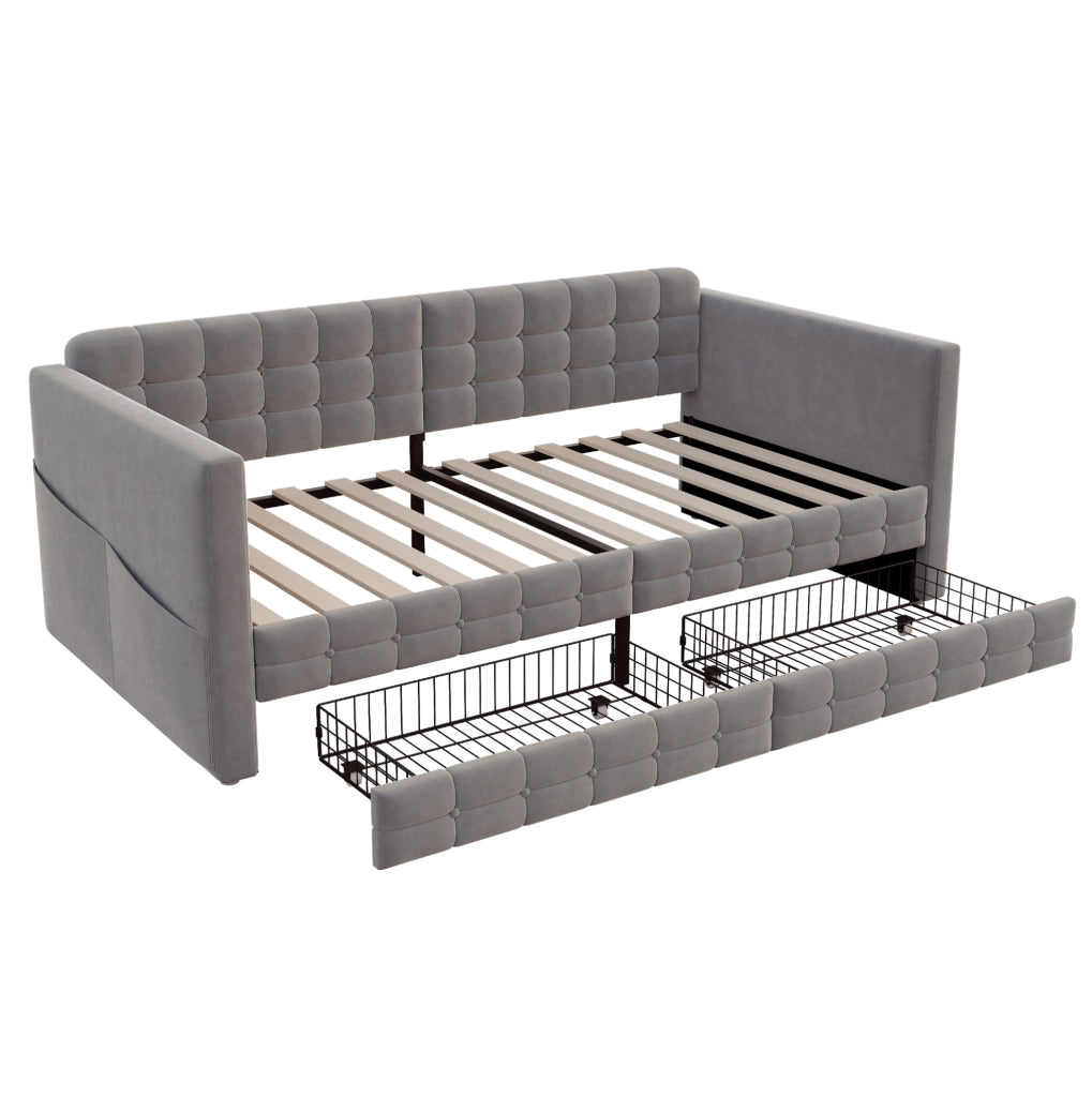 Letto Singolo 90x190 cm in Velluto Grigio con Contenitori Laterali e Due Cassetti Sotto il Letto