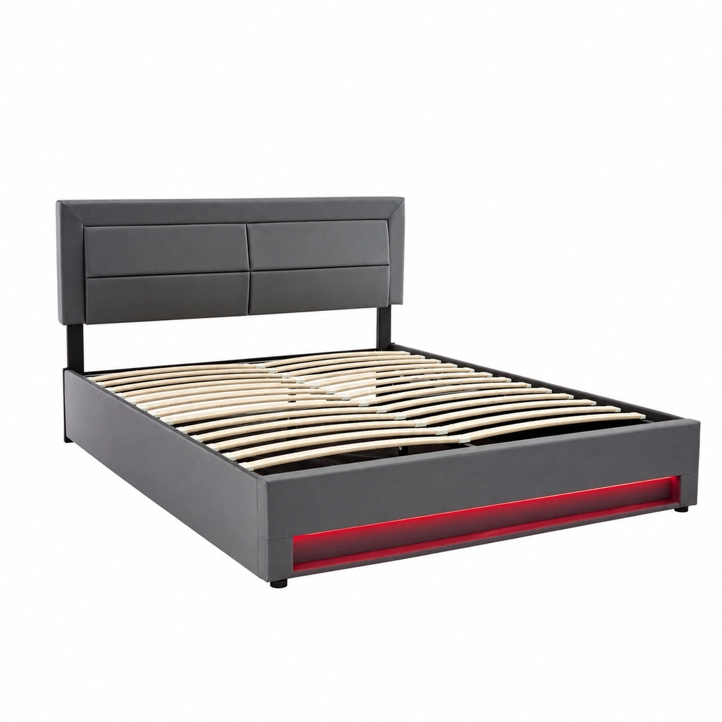Letto imbottito 160x200 cm; grigio in PU; con porte USB; LED e contenitore