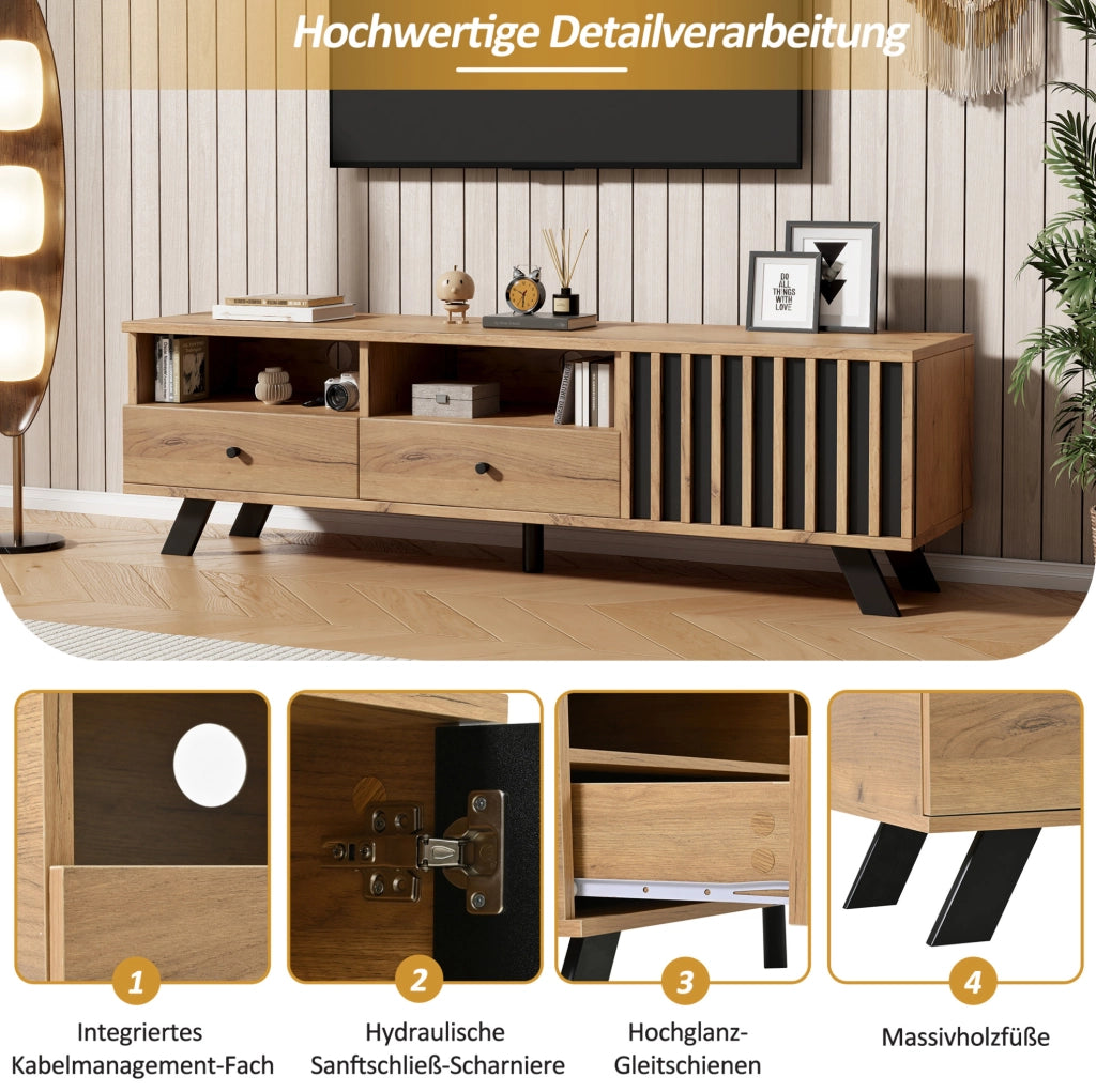 Mobile TV da 150x38x44 cm con 2 cassetti e 1 anta, struttura in truciolato, colore legno naturale e nero, adatto per TV fino a 60 pollici