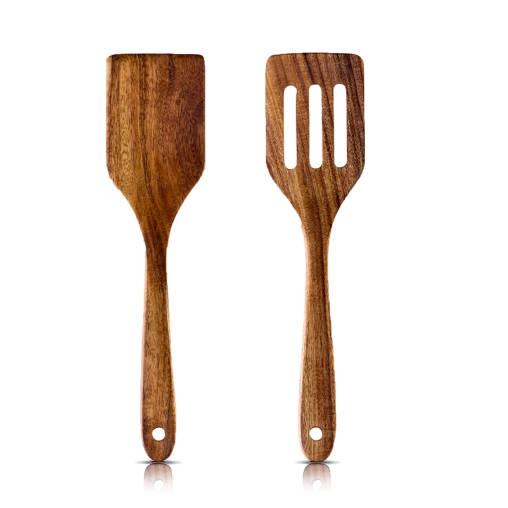Set di 2 spatole in legno di teak, realizzate a mano, resistenti ai graffi e al calore