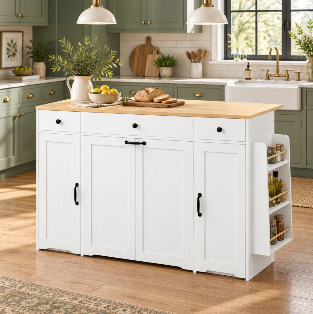 Credenza bianca e color legno con 3 cassetti e 2 ante, 136 × 65 × 90 cm