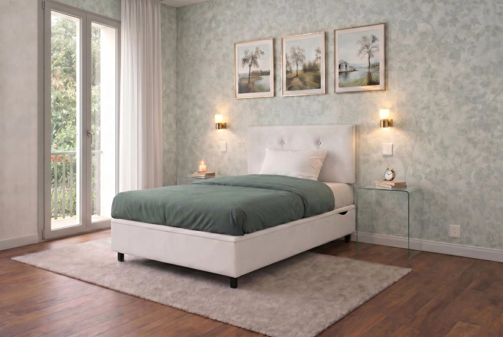 Letto Singolo Contenitore Imbottito 80x190 cm Similpelle Bianco BoxMax Testata Button