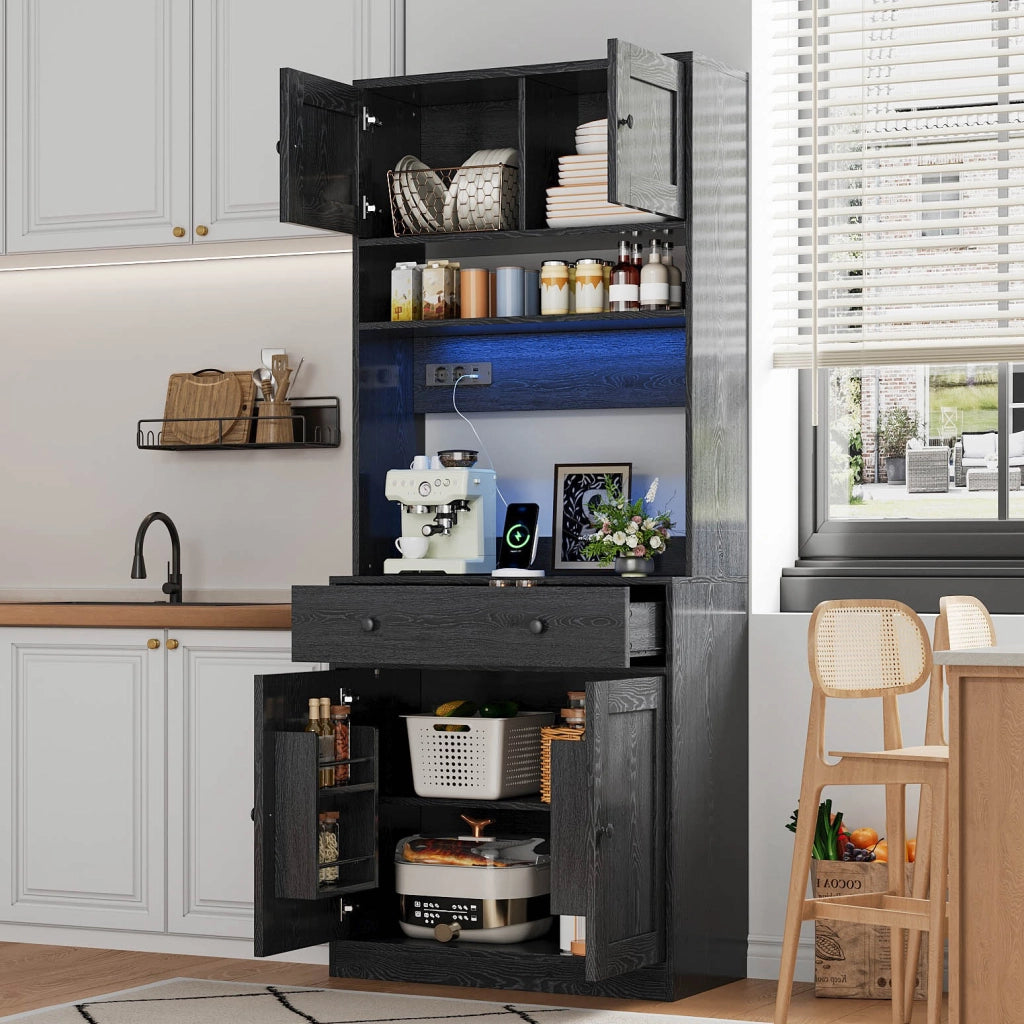 Mobile da cucina 72 × 40 × 180 cm con LED RGB prese AC e USB cassetto grande ripiani MDF nero fissaggio a parete