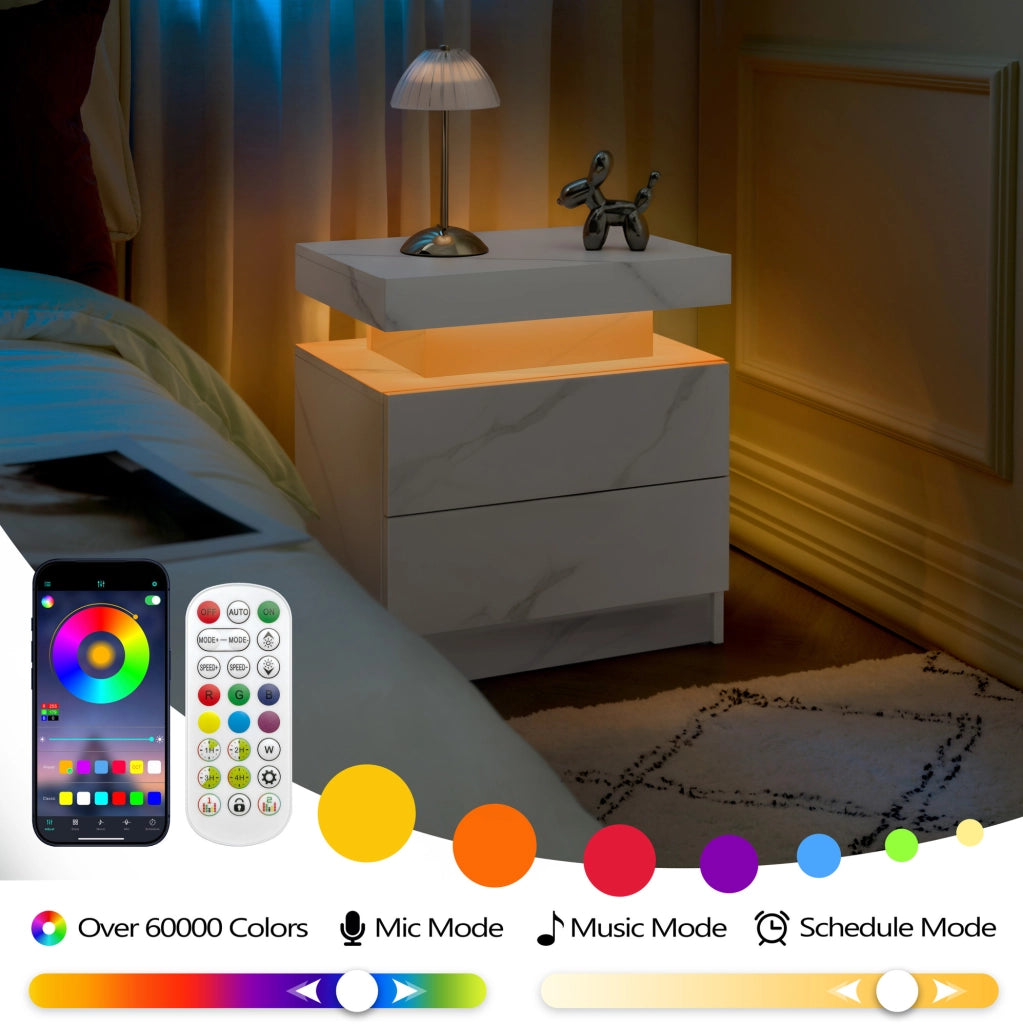 Comodino Moderno con 2 Cassetti e Luce LED Regolabile - Bianco Pietra