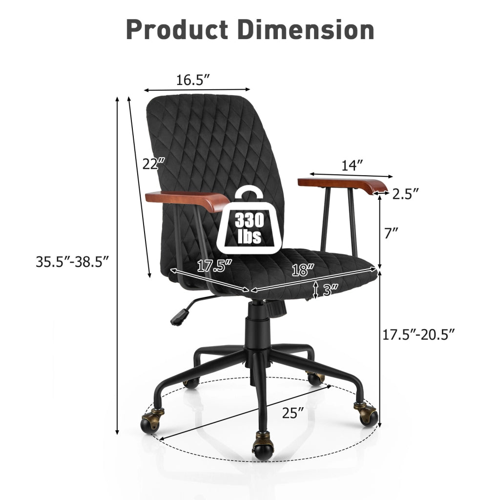 Sedia da Scrivania Ergonomica in Velluto Nero con Braccioli in Legno e Ruote Sedia da Ufficio Girevole Regolabile per Casa e Studio