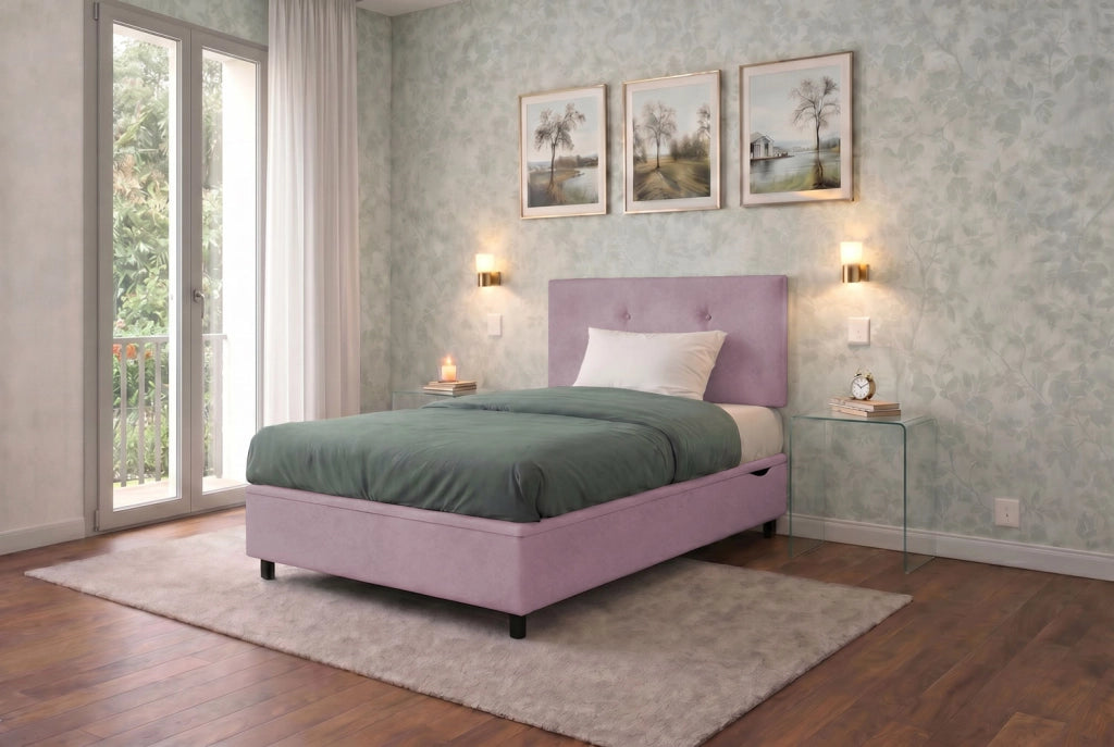Letto Singolo Contenitore Imbottito 80x190 cm Microfibra Glicine BoxMax Testata Button