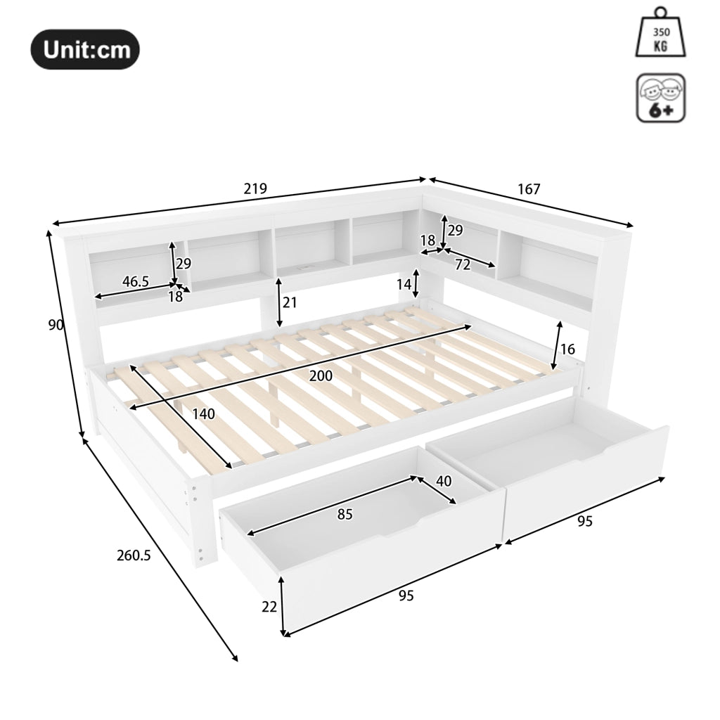 Struttura letto a divano 140 × 200 cm con due cassetti presa e due USB in legno bianco con rete a doghe