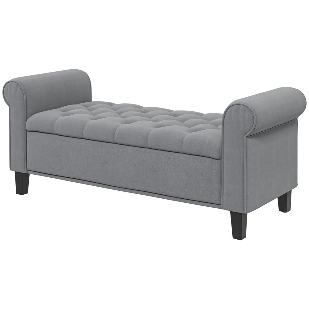 Panca contenitore imbottita fondo letto effetto velluto grigio con trapuntatura a bottoni 126 cm x 48,5 cm x 57 cm
